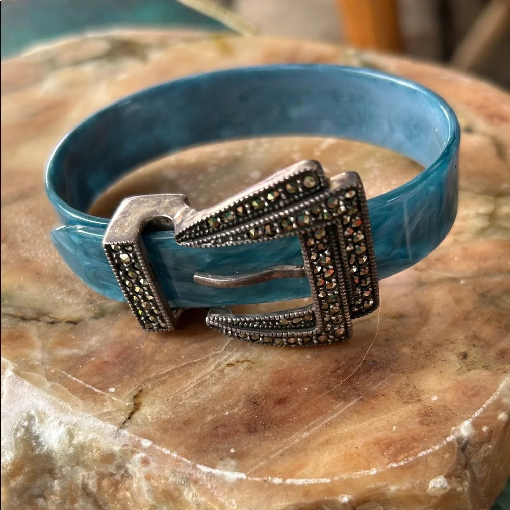 JUDITH JACK Marbleized Blue Belt Bracelet with Sterling Silver Marcasite Buckle